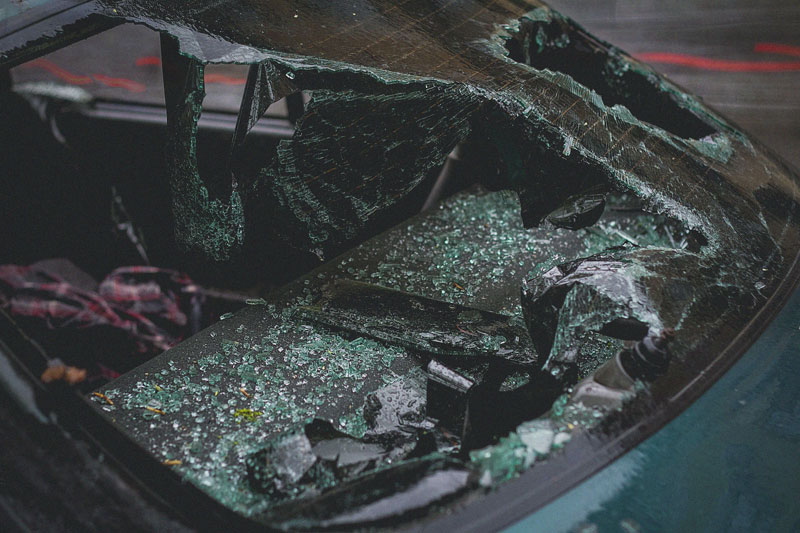 A broken back window of a car.